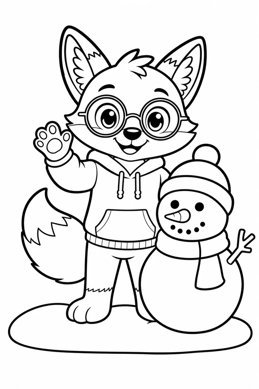 Coloriage de Ren le renard debout à côté d'un bonhomme de neige tout rond