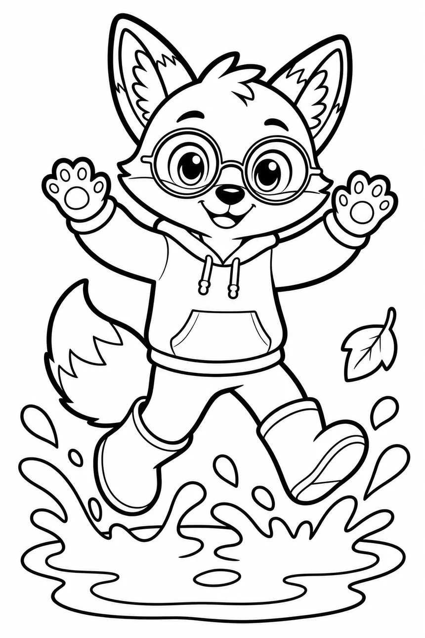 Coloriage de Ren le renard en bottes de pluie qui saute à pieds joints dans une grande flaque, éclaboussures autour, une feuille tombe