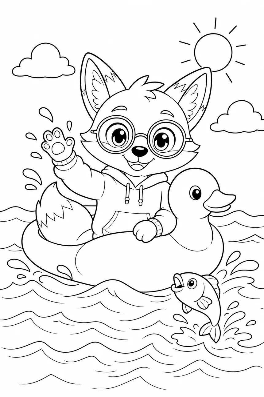 Coloriage de Ren le renard qui flotte dans une bouée en forme de canard, une patte dans l'eau, un poisson saute à côté