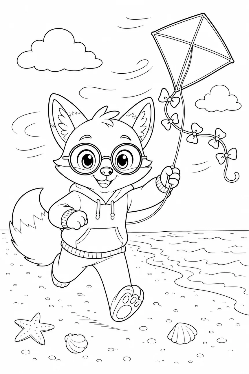 Coloriage de Ren le renard qui court sur la plage en tenant la ficelle d'un grand cerf-volant losange à nœuds