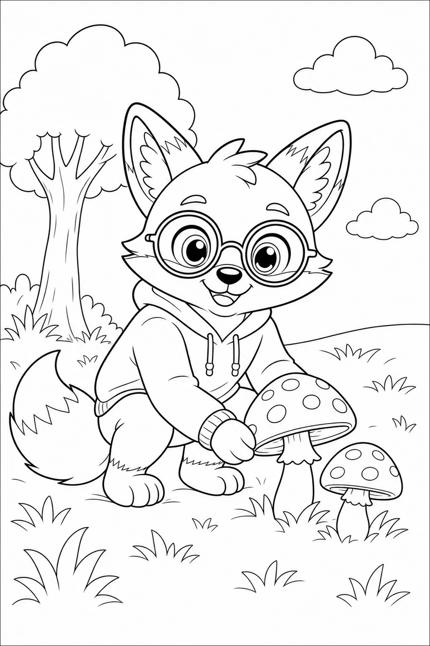 Coloriage de Ren le renard accroupi qui ramasse des champignons dans la forêt