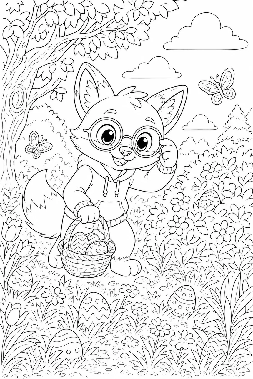 Coloriage de Ren le renard qui cherche des œufs de Pâques cachés dans un jardin fleuri