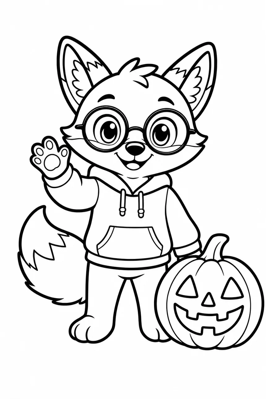 Coloriage de Ren le renard debout à côté d'une grosse citrouille sculptée d'Halloween