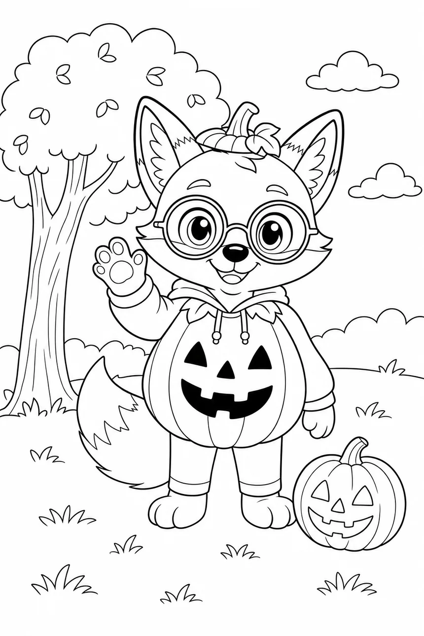 Coloriage de Ren le renard portant un costume de citrouille pour Halloween