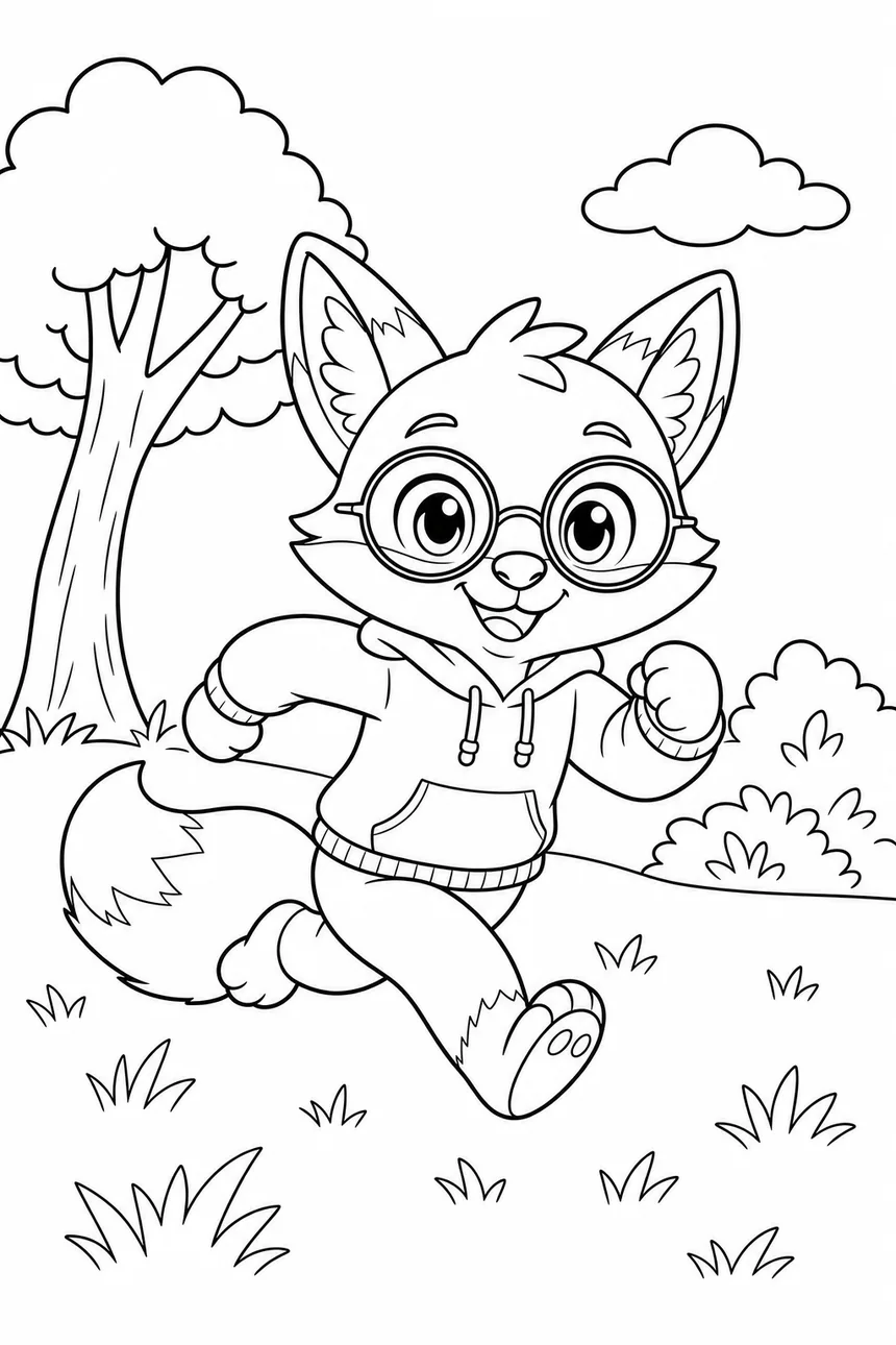 Coloriage de Ren le renard qui court joyeusement dans l'herbe, un nuage dans le ciel