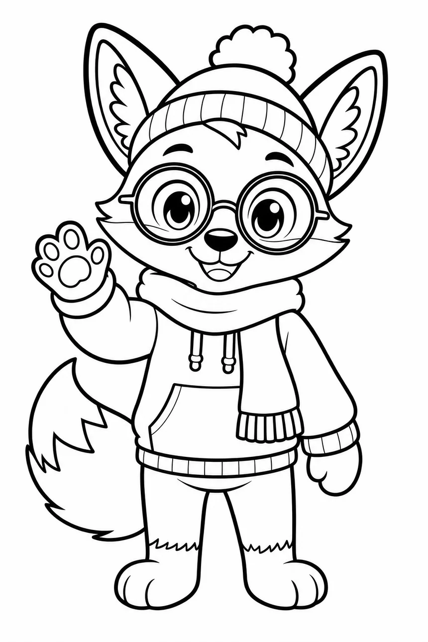 Coloriage de Ren le renard emmitouflé dans une grande écharpe et un bonnet d'hiver