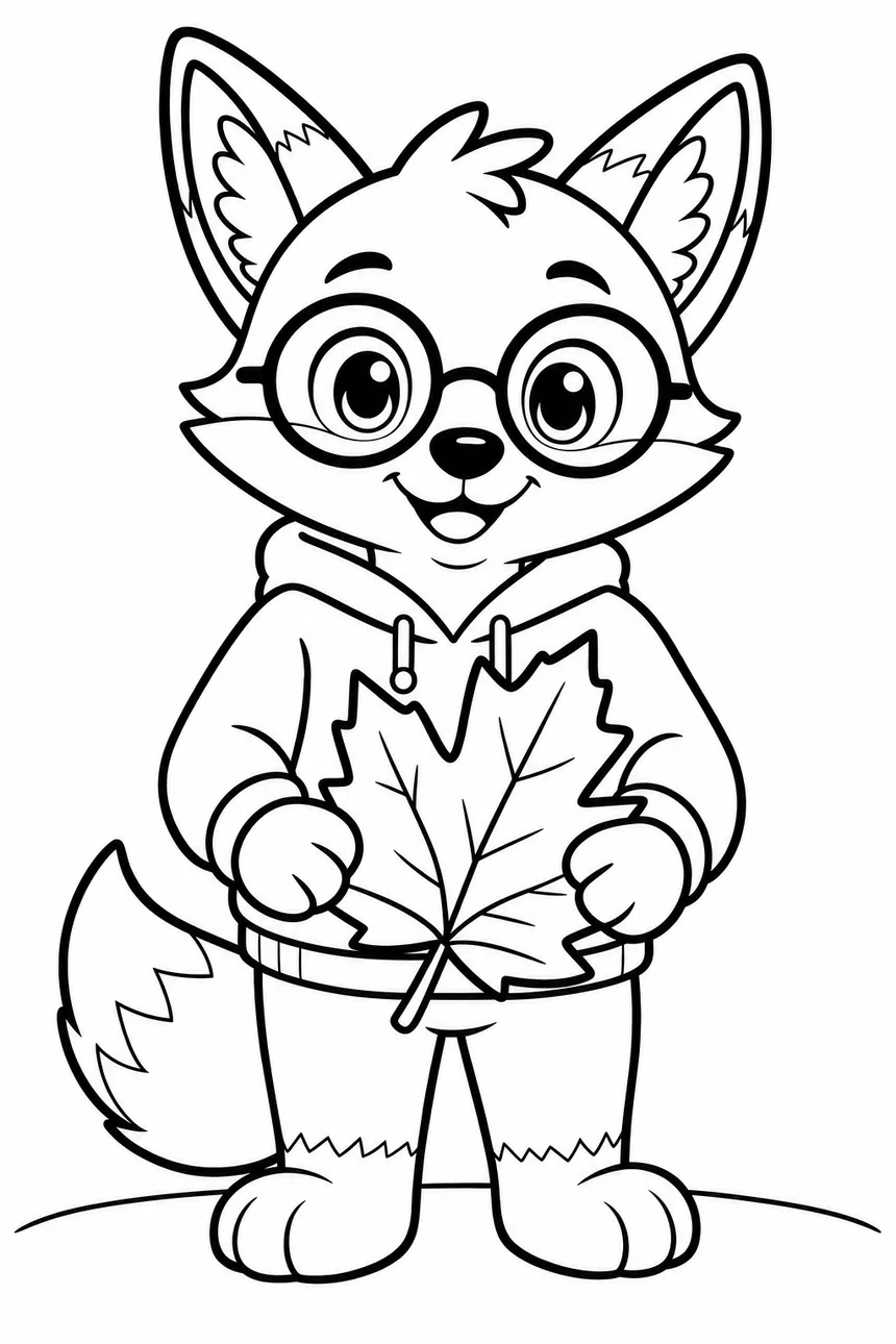 Coloriage de Ren le renard qui tient une grande feuille d'érable d'automne