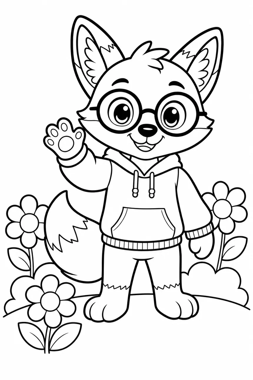 Coloriage de Ren le renard debout au milieu de grandes fleurs de printemps