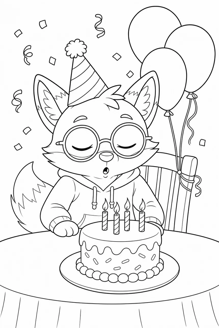 Coloriage de Ren le renard avec un chapeau de fête qui souffle les bougies de son gâteau posé sur la table, trois ballons accrochés à la chaise