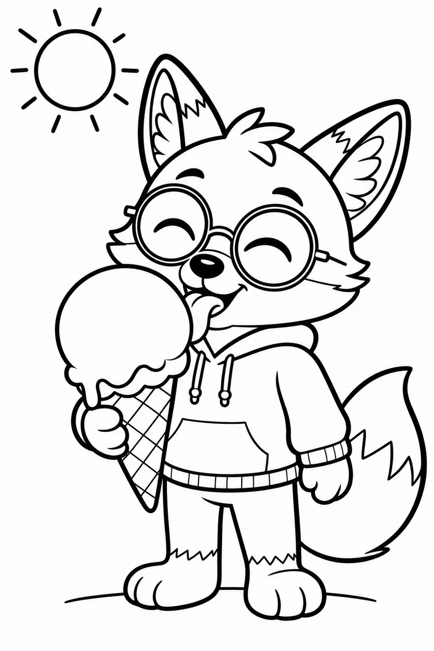 Coloriage de Ren le renard qui lèche une grande glace à une boule, les yeux fermés de plaisir, un soleil dans le coin