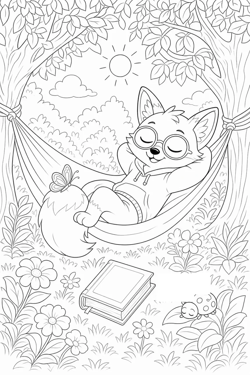 Coloriage de Ren le renard endormi dans un hamac tendu entre deux arbres, un livre tombé dans l'herbe, un papillon posé sur sa queue