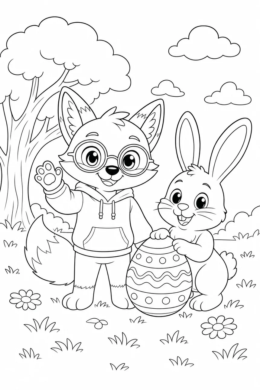 Coloriage de Ren le renard debout à côté d'un lapin de Pâques, un œuf décoré entre eux