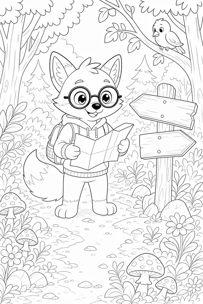 Coloriage de Ren le renard en explorateur, sac au dos, lisant une grande carte devant un poteau indicateur, dans la forêt