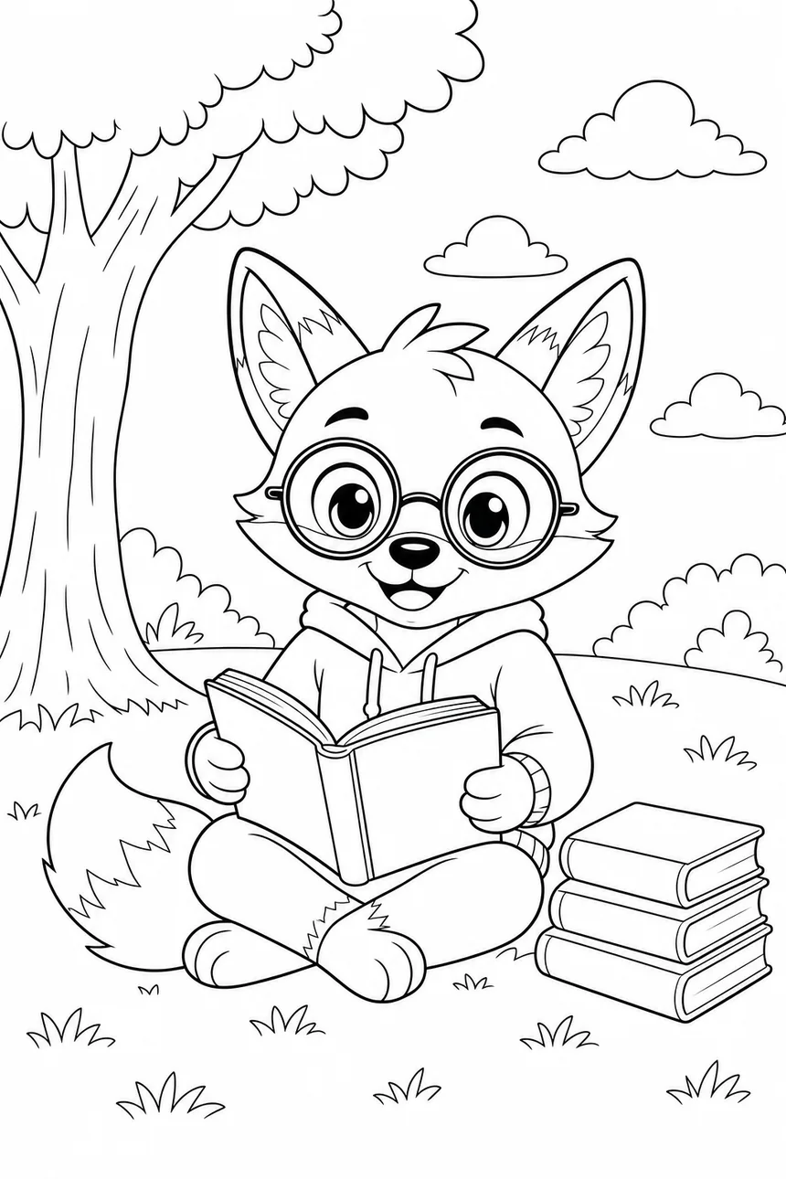 Coloriage de Ren le renard assis en train de lire un livre ouvert