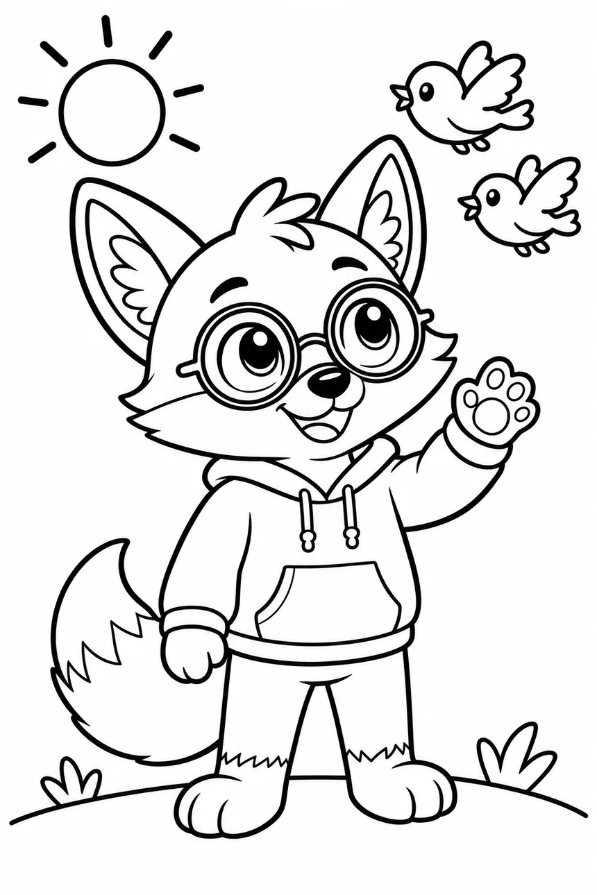 Coloriage de Ren le renard qui lève la tête vers deux petits oiseaux, un soleil dans le ciel