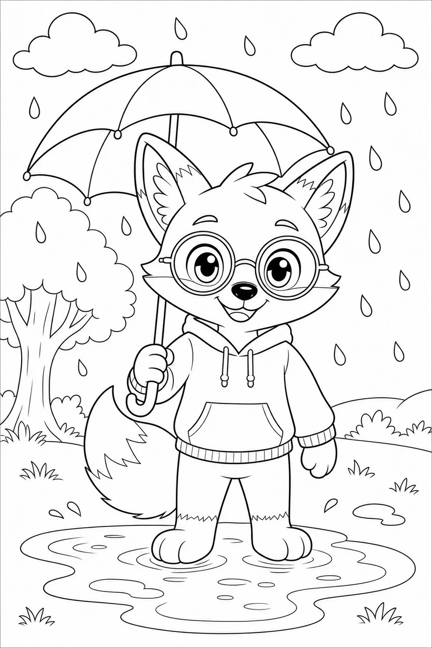 Coloriage de Ren le renard qui tient un parapluie sous la pluie, une flaque à ses pieds