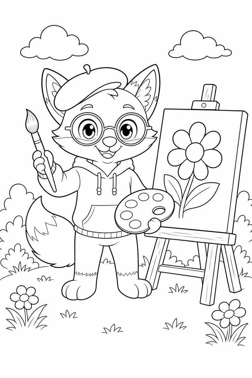 Coloriage de Ren le renard coiffé d'un béret, palette et pinceau en pattes, devant un chevalet où une fleur est esquissée