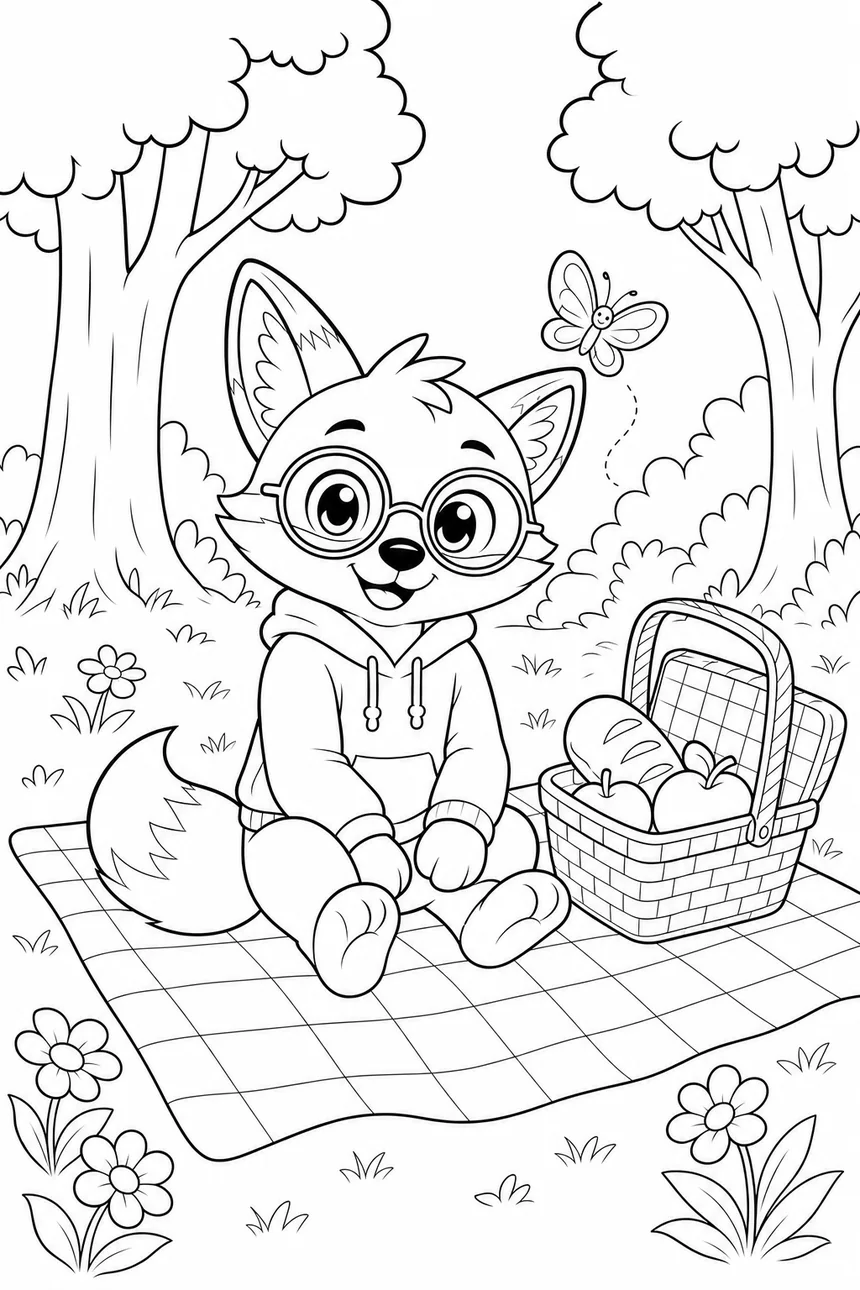 Coloriage de Ren le renard assis sur une couverture à carreaux, devant un panier de pique-nique ouvert, un papillon passe