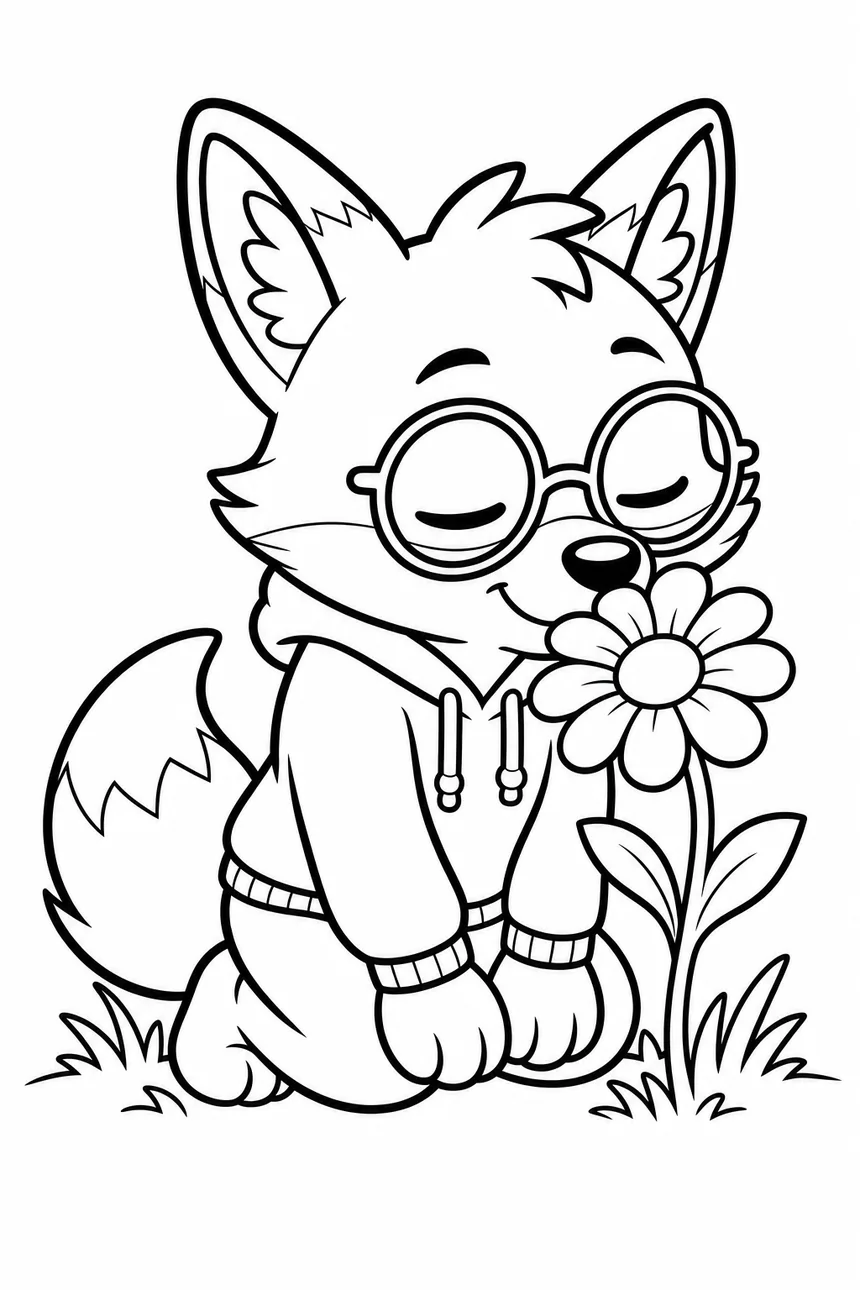 Coloriage de Ren le renard assis qui penche son museau vers une grande marguerite poussée à côté de lui