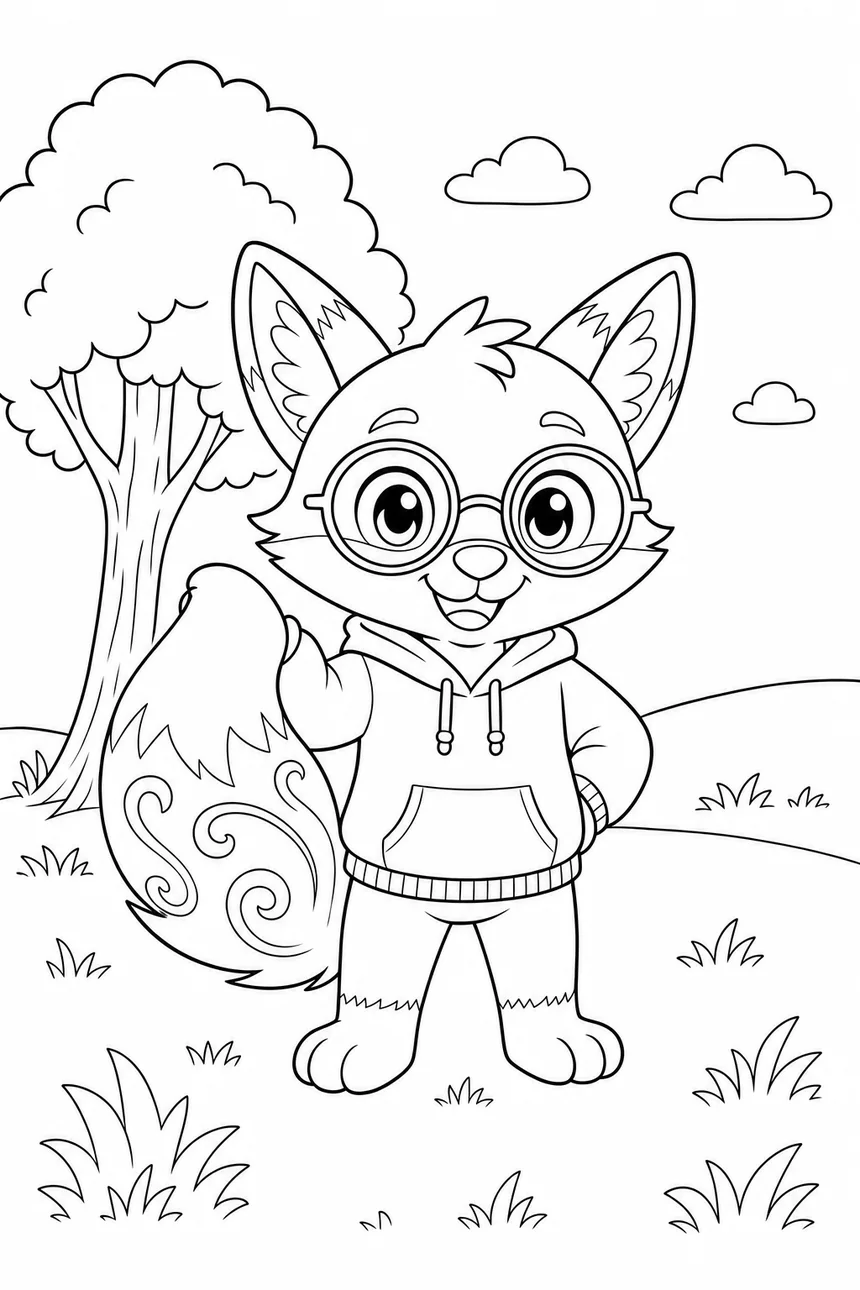 Coloriage de Ren le renard qui montre fièrement sa grande queue touffue au bout blanc