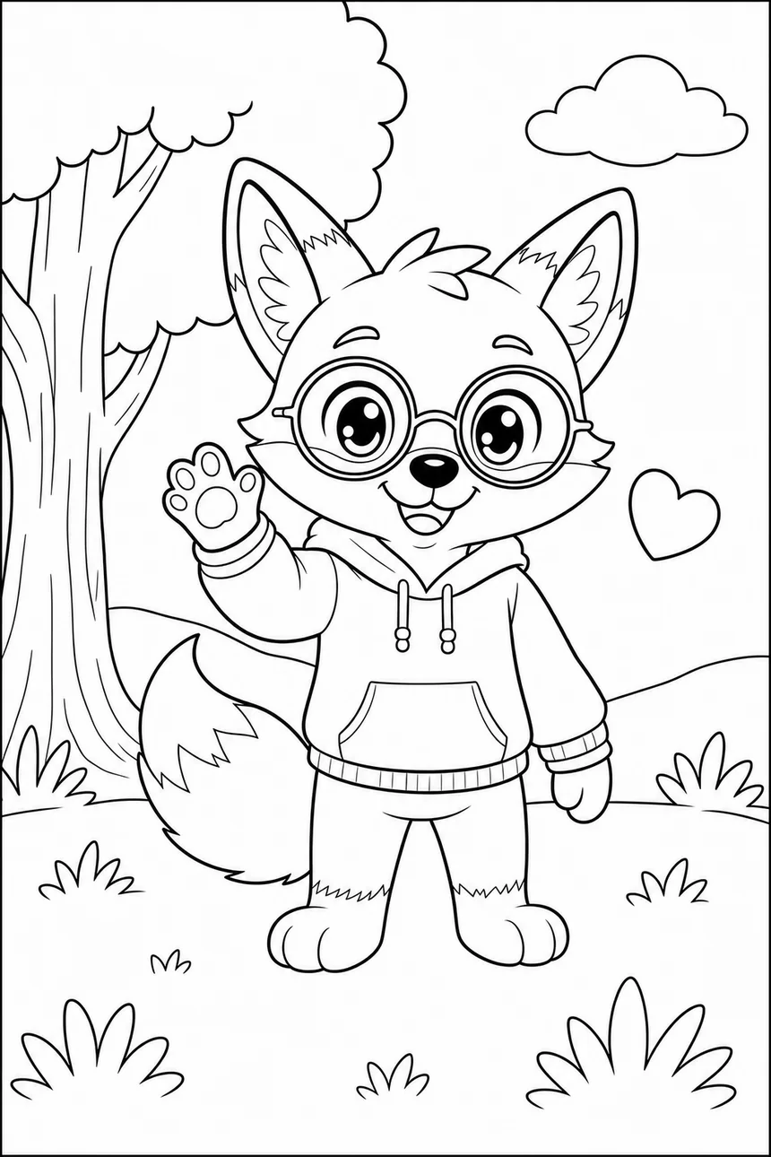 Coloriage de Ren le renard en style kawaii, grosses joues et grands yeux brillants