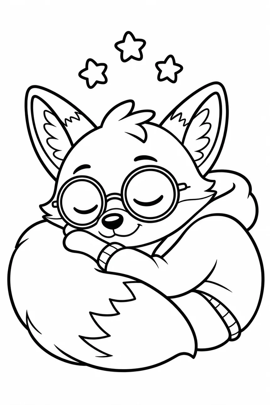 Coloriage de Ren le renard endormi roulé en boule, sa queue touffue servant d'oreiller, trois petites étoiles au-dessus