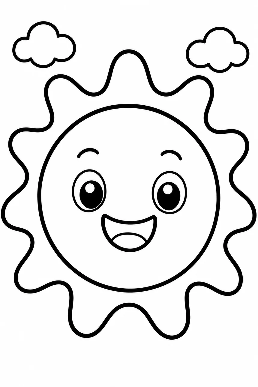 Coloriage d'un grand soleil souriant aux rayons ondulés, avec deux petits nuages dans les coins