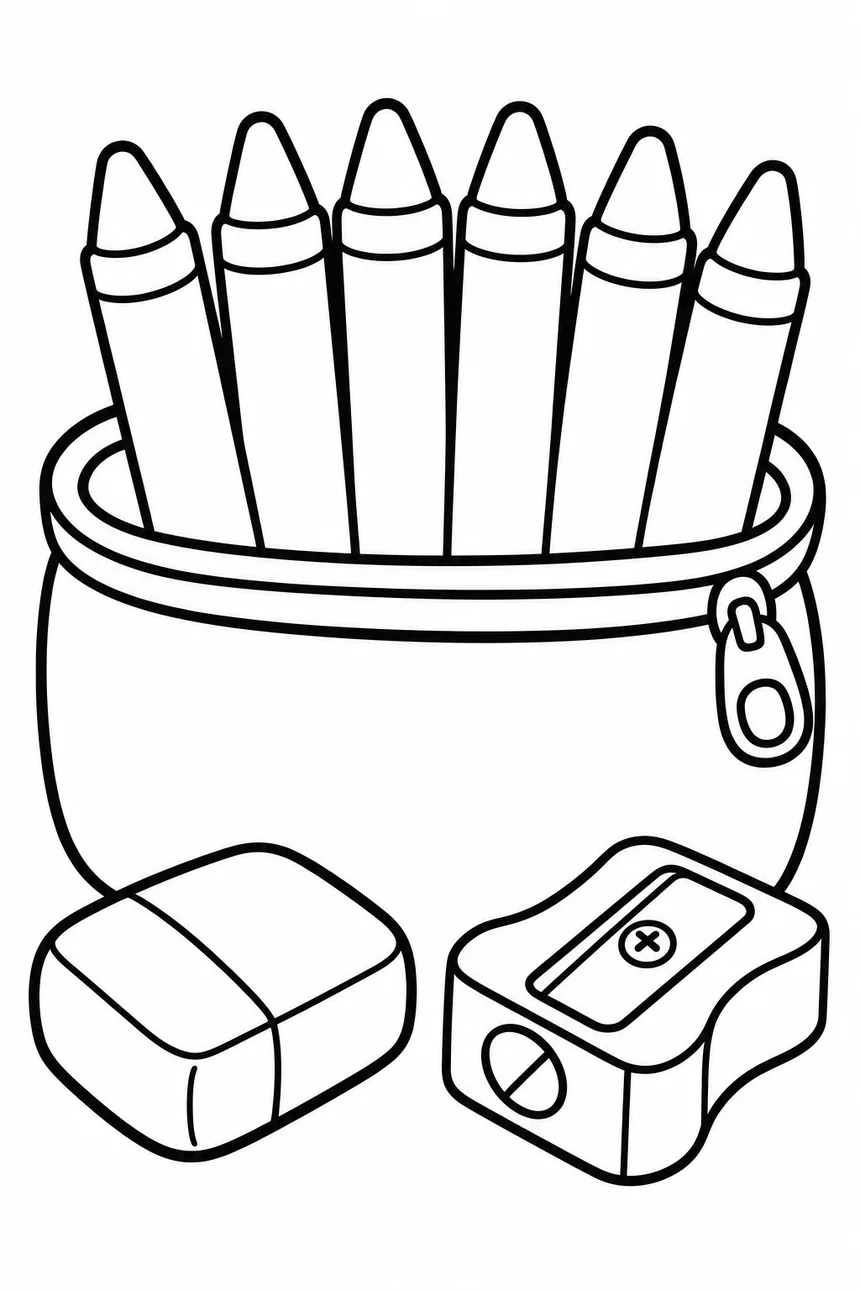 Coloriage d'une grande trousse ouverte avec six gros crayons qui dépassent, une gomme et un taille-crayon posés à côté