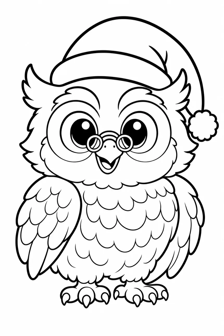 Coloriage de Véga la chouette assise, un bonnet de Noël sur la tête