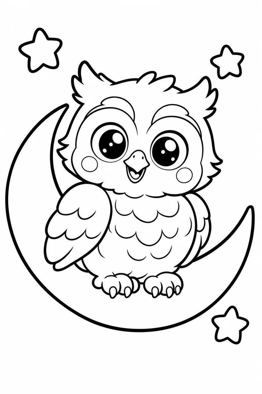 Coloriage kawaii de Véga la chouette toute ronde perchée sur un croissant de lune, entourée de trois étoiles