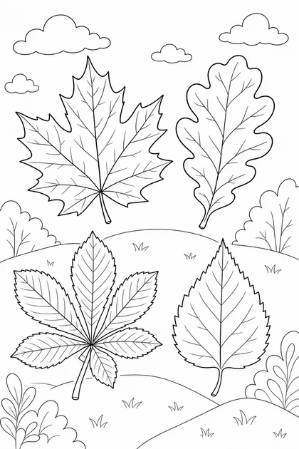 Planche de quatre grandes feuilles d'automne différentes disposées en carré : érable, chêne, marronnier et bouleau, nervures détaillées