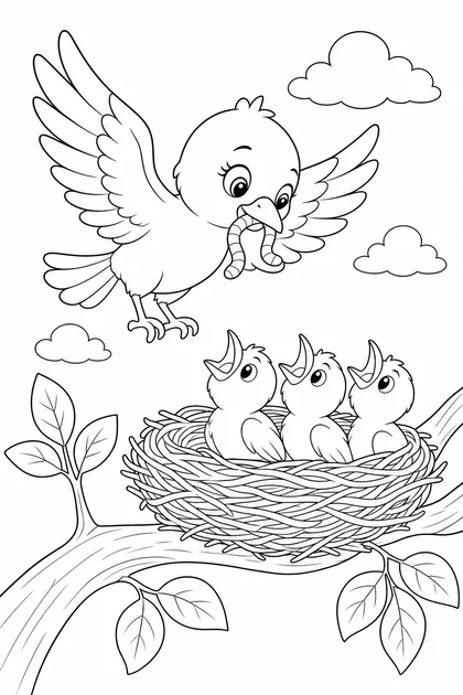 Coloriage de Le nid et les oisillons à imprimer
