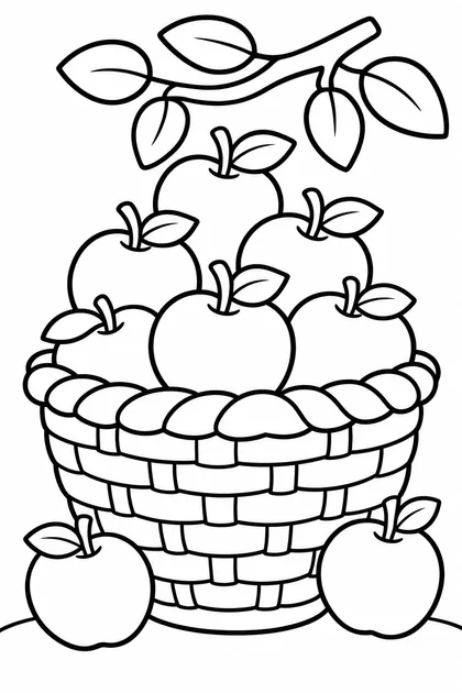 Coloriage d'un grand panier tressé débordant de grosses pommes rondes, deux pommes tombées à côté, une branche feuillue au-dessus