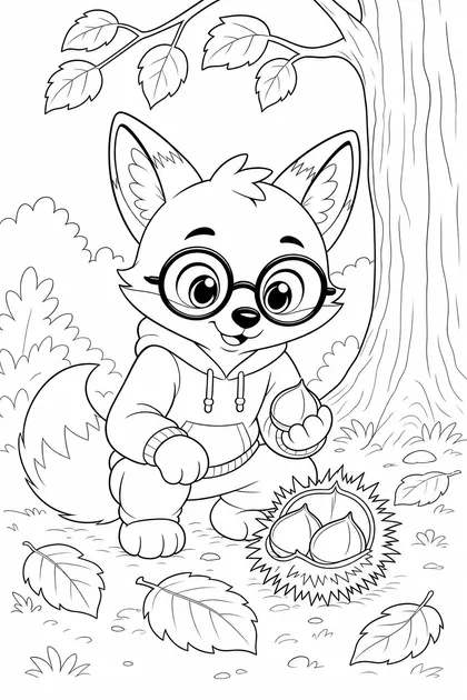 Coloriage de Ren le renard accroupi devant une bogue de châtaigne ouverte contenant deux châtaignes, une troisième dans sa patte, air concentré