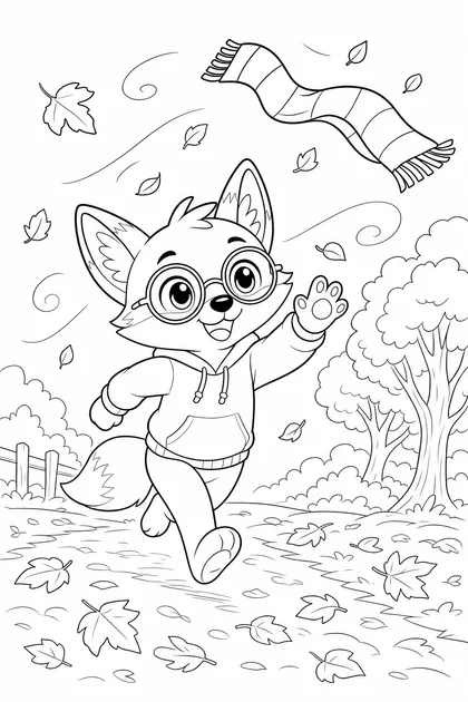 Coloriage de Ren le renard courant après son écharpe emportée par le vent, l'écharpe vole au-dessus de lui, feuilles tourbillonnantes