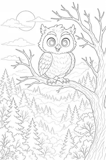 Coloriage de Véga la chouette perchée sur une branche nue au-dessus d'une forêt d'automne noyée dans des nappes de brume, soleil pâle